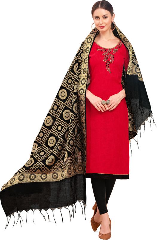 Unstitched Cotton Blend Kurta & Churidar Material Embellished, Self Design