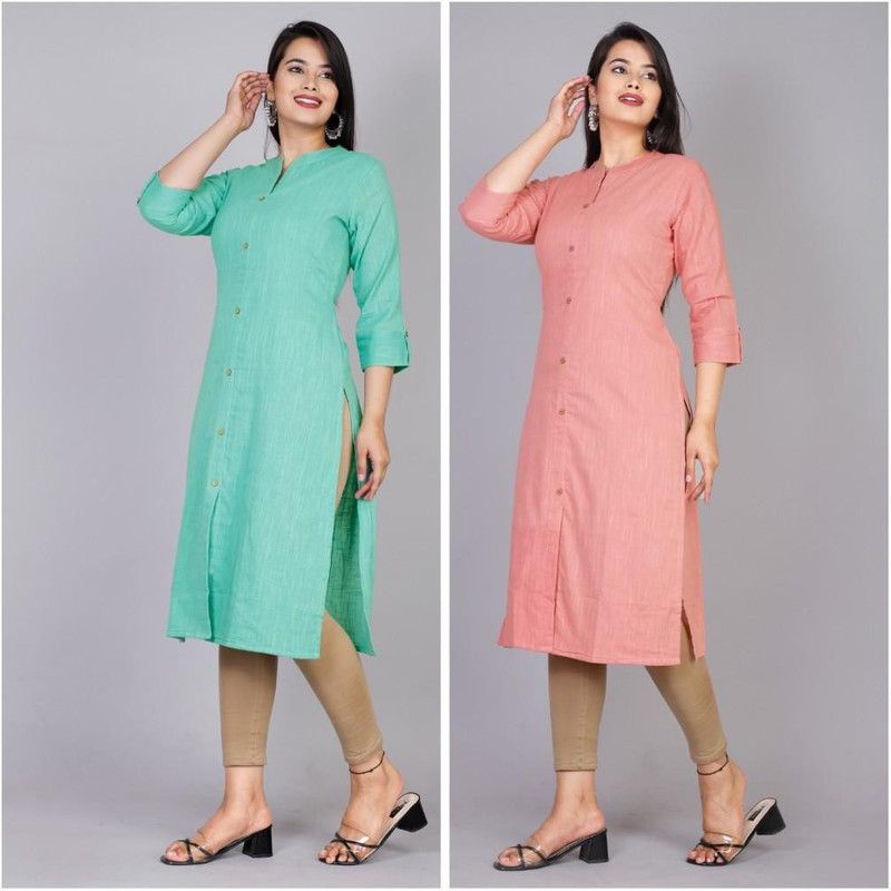 Women Solid Pure Cotton Frontslit Kurta  (Pink, Light Green)