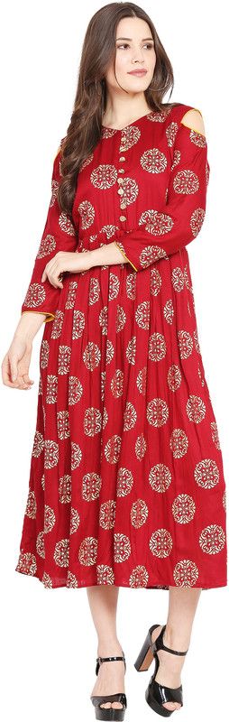 Women Pleated Red, Gold Dress