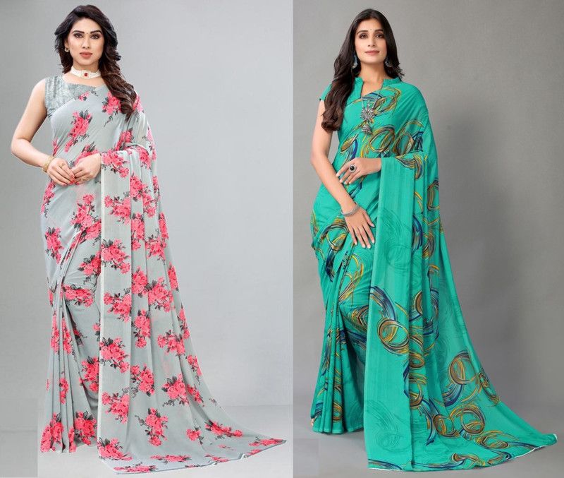 Printed Daily Wear Georgette Saree  (Pack of 2, Blue, Grey)
