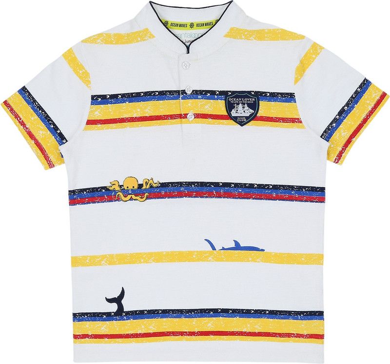 Boys Printed, Striped Cotton Blend T Shirt  (White, Pack of 1)