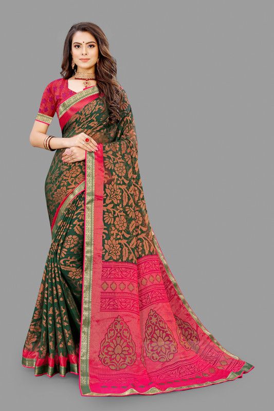 Dyed, Floral Print, Printed, Woven Daily Wear Chiffon, Brasso Saree  (Green)