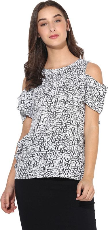 Party Cold Shoulder Sleeves Printed Women White, Black Top