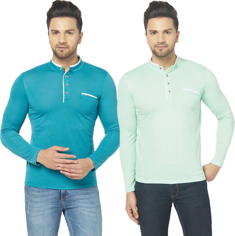 Pack of 2 MZM Men Solid Mandarin Collar Cotton Blend Dark Blue, Green T-Shirt