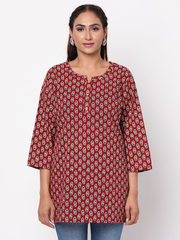 Women Printed Pure Cotton Cape Top Kurta  (Maroon)