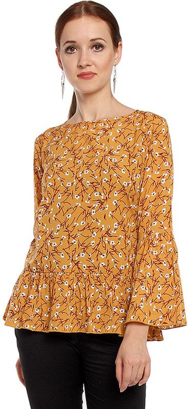 Casual Bell Sleeves Floral Print Women Gold Top