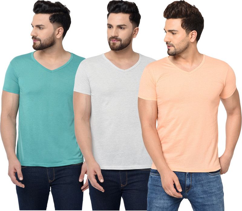 Pack of 3 V neck Combo T-shirts Multicolor Men Solid V Neck Cotton Blend White, Blue, Beige T-Shirt