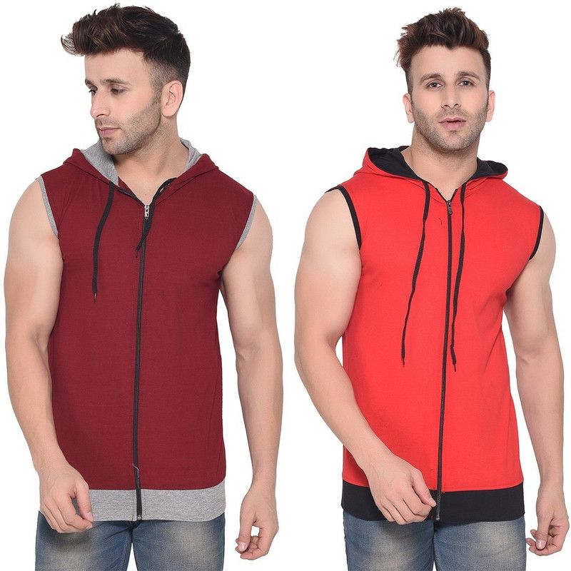 Pack of 2 Faizaan Men Solid Hooded Neck Cotton Blend Red, Maroon T-Shirt