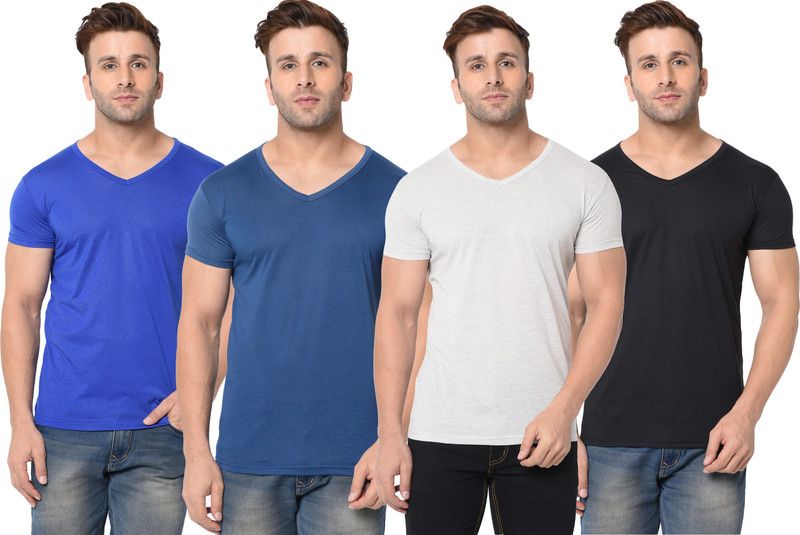 Pack of 4 Men Self Design, Solid V Neck Cotton Blend Blue, Black, Grey T-Shirt