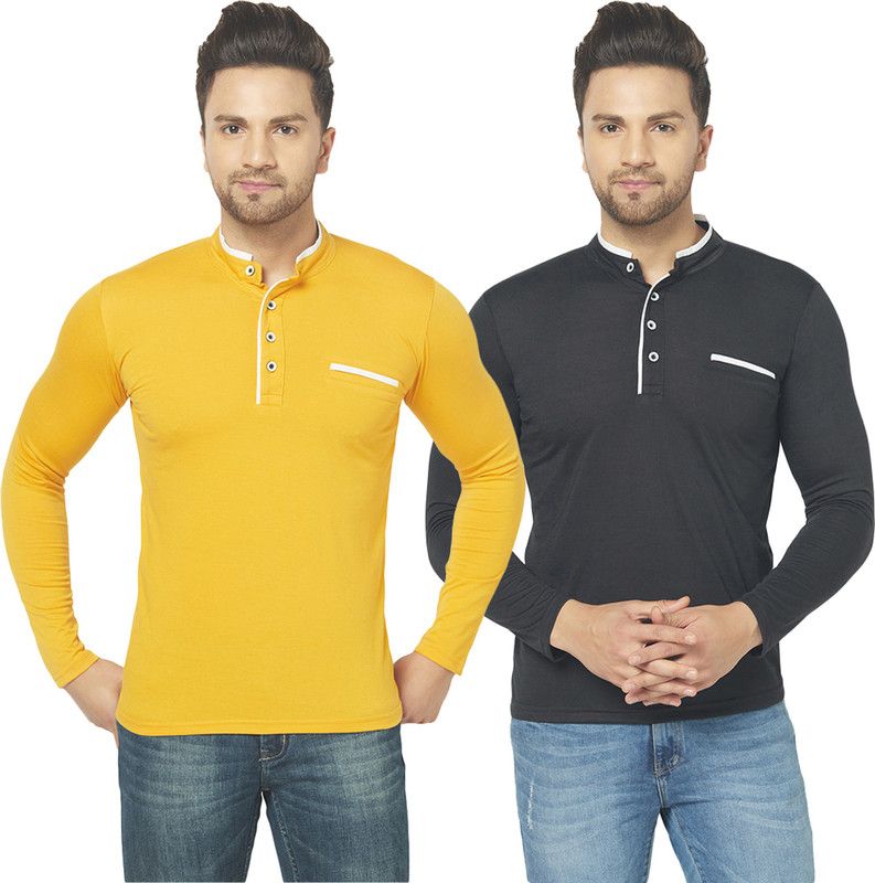 Pack of 2 Men Solid Henley Neck Cotton Blend Black, Yellow T-Shirt