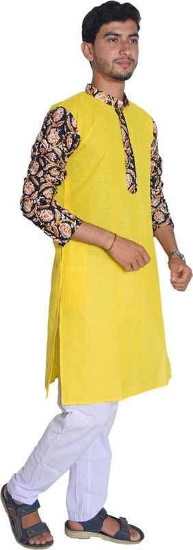 Women Kalamkari Cotton Blend Straight Kurta  (Yellow)