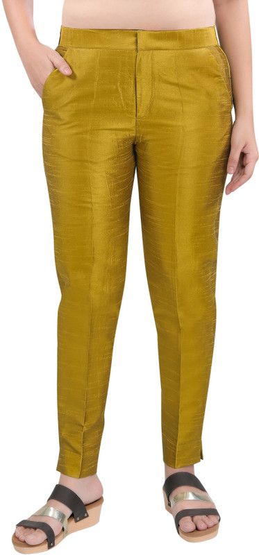 Women Slim Fit Yellow Pure Silk Trousers