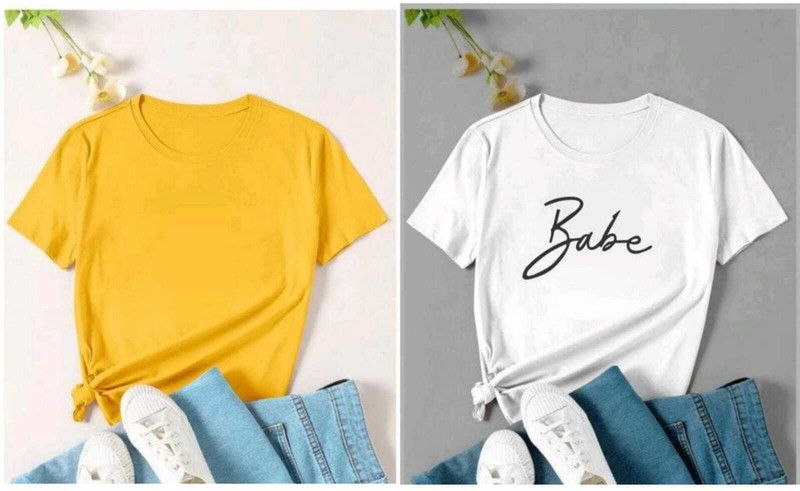 Pack of 2 Women Solid Round Neck Poly Cotton Yellow, White T-Shirt