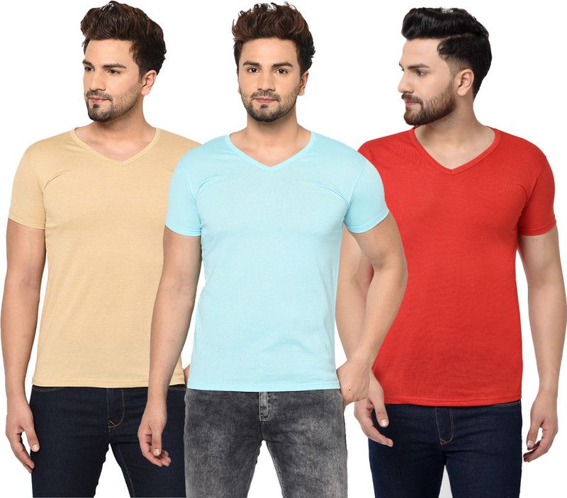 Pack of 3 V neck Combo T-shirts Multicolor Men Solid V Neck Cotton Blend Light Blue, Red, Beige T-Shirt