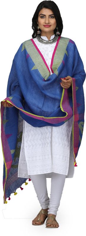 Cotton Blend Woven, Floral Print Dark Blue Women Dupatta
