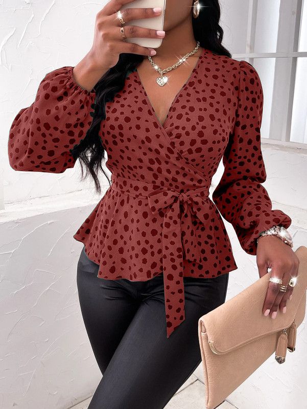 Casual Balloon Sleeve Printed Women Maroon Top