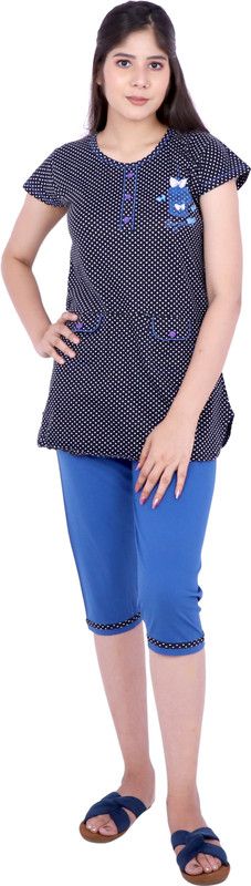 Women Top & Capri Set Black, Blue Polka Print