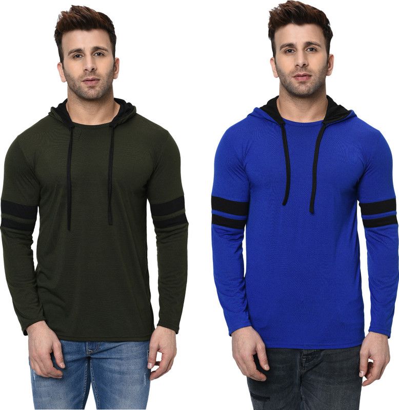 Pack of 2 Men Printed Hooded Neck Cotton Blend Dark Green, Blue T-Shirt