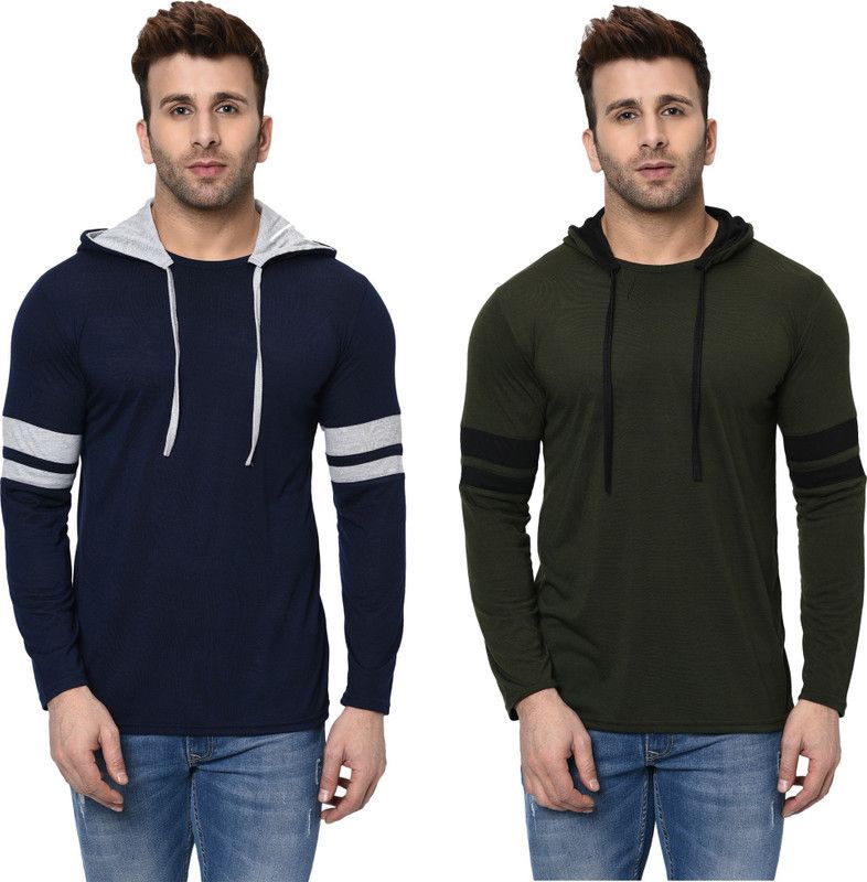 Pack of 2 FZN Men Solid Hooded Neck Cotton Blend Dark Blue, Green T-Shirt