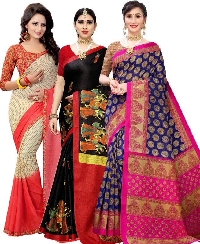 Printed Bollywood Georgette Saree  (Pack of 3, Red, Dark Blue)