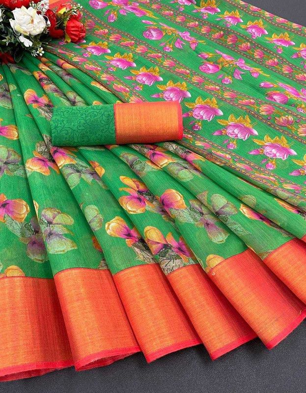 Handloom Cotton Linen Saree  (Green)