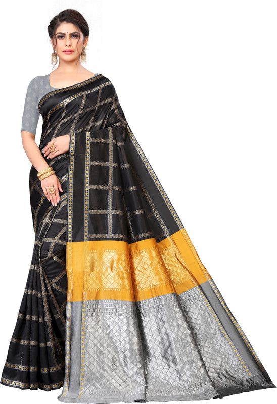 Woven Kanjivaram Pure Silk Saree  (Black, Grey)