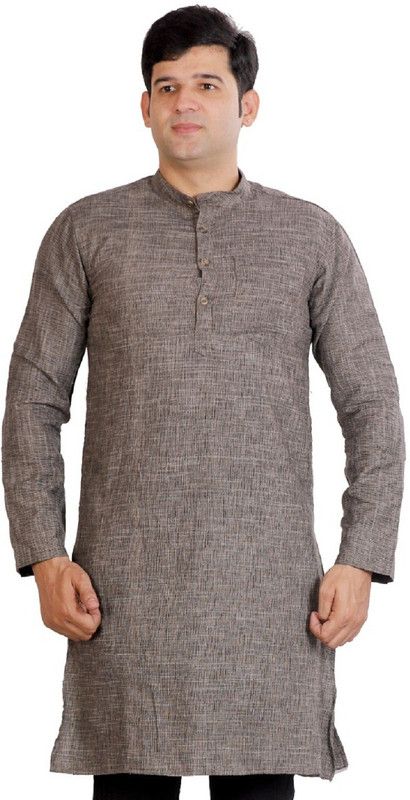 Men Self Design Khadi Cotton Straight Kurta  (Grey)