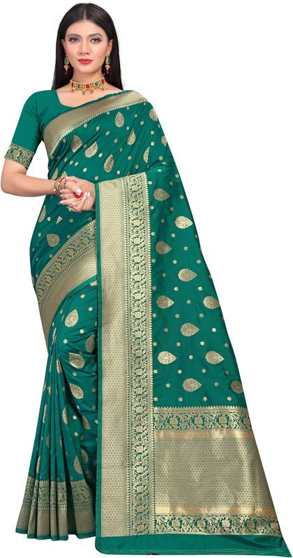 Woven Banarasi Cotton Blend, Jacquard Saree  (Green, Gold)