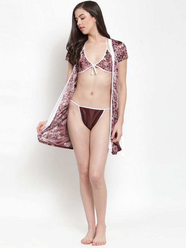 Women Robe and Lingerie Set  (Brown, White)