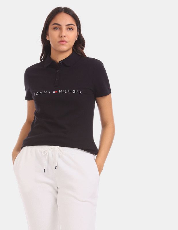 W TOMMY CORP LOGO POLO SPD Women Embroidered Polo Neck Cotton Blend Black T-Shirt