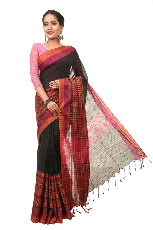 Woven Gadwal Handloom Pure Cotton Saree  (Brown)