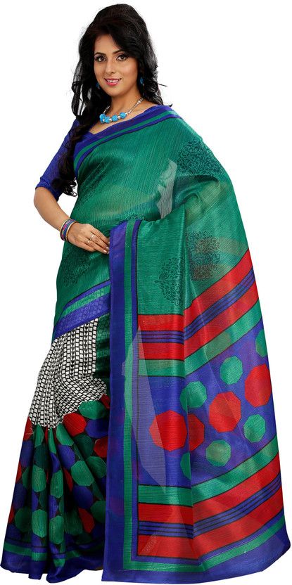 Checkered Bollywood Silk Blend Saree  (Green)