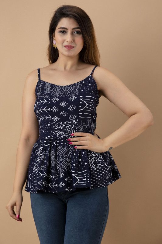 Casual Noodle Straps Printed Women Dark Blue Top