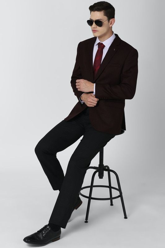 Men Self Design Single Breasted Formal Blazer  (Maroon)