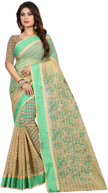 Embroidered Bollywood Cotton Blend Saree  (Beige, Light Green)