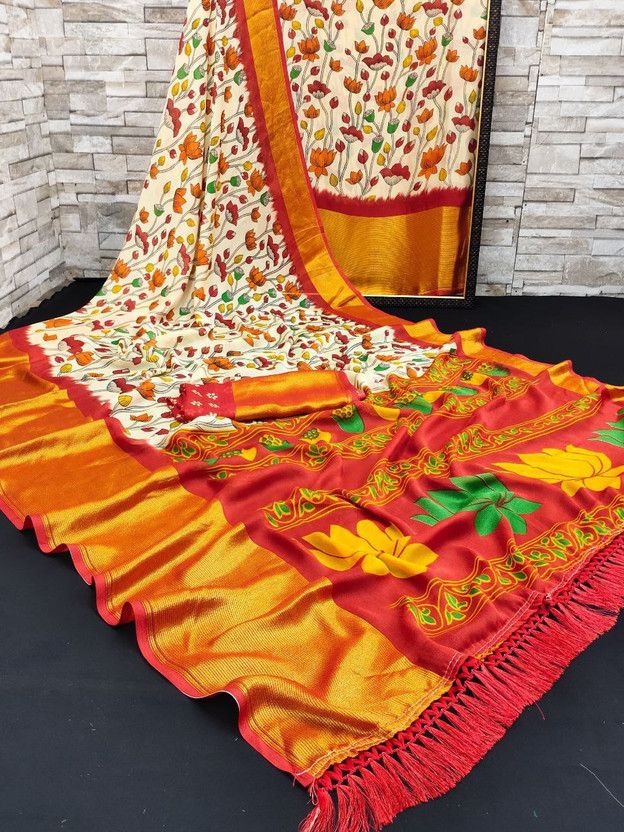 Printed Kalamkari Chiffon Saree  (Orange)