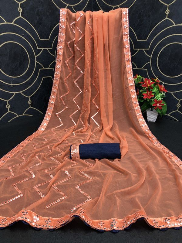 Applique Daily Wear Chiffon Saree  (Orange)
