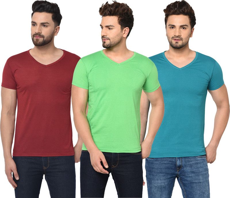 Pack of 3 V Neck T-Shirt Combo of 3 Men Solid V Neck Cotton Blend Green, Maroon, Blue T-Shirt