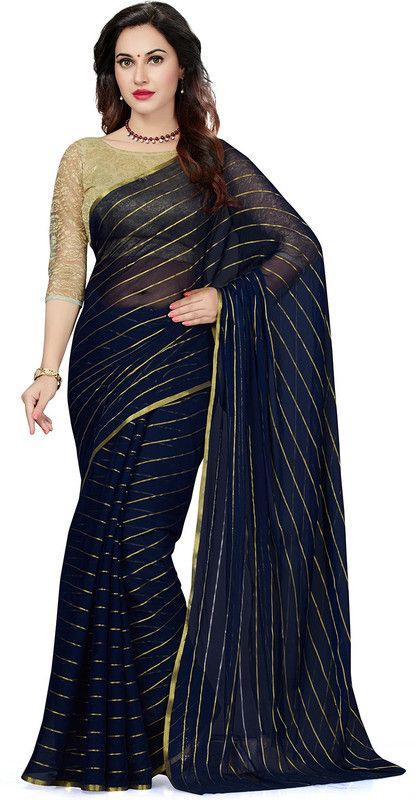 Striped Bollywood Chiffon Saree  (Dark Blue)