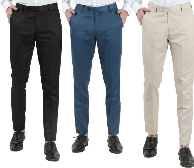 Pack of 3 Men Slim Fit Black, Blue, Cream Cotton Blend Trousers