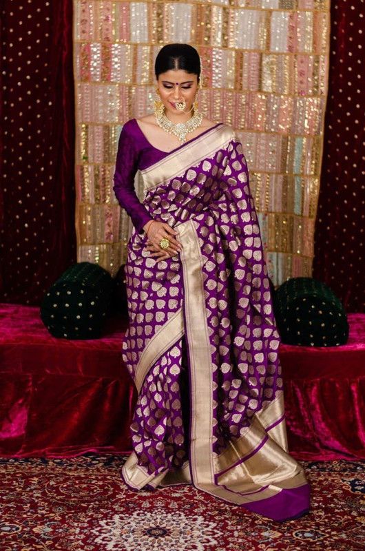 Banarasi Jacquard, Pure Silk Saree  (Purple, Gold)