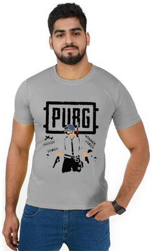 Men Graphic Print Round Neck Viscose Rayon Grey T-Shirt