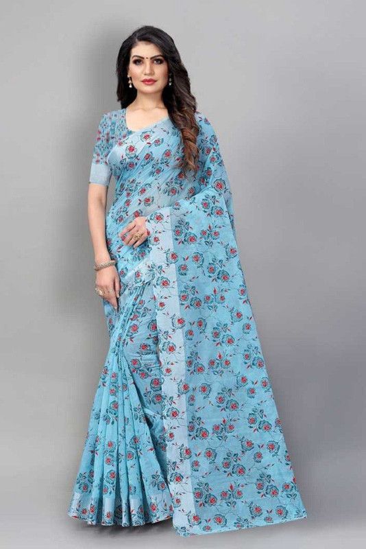 Printed Bollywood Cotton Linen, Pure Cotton Saree  (Blue)
