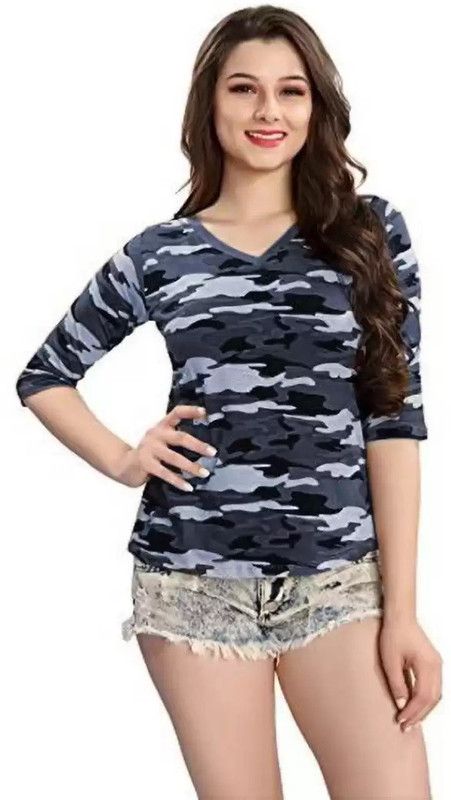 Women Printed V Neck Elastane Multicolor T-Shirt
