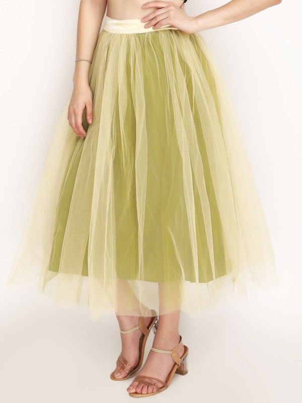 Women Solid, Self Design Pleated Green Skirt