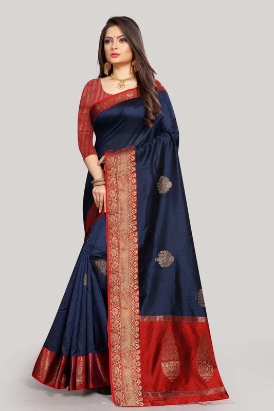 Self Design Kanjivaram Georgette, Cotton Blend Saree  (Dark Blue)