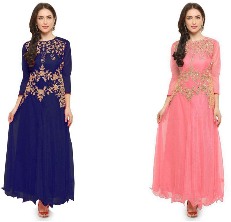 Embroidered Net Semi Stitched Flared/A-line Gown  (Dark Blue, Pink)