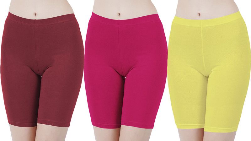 Pack of 3 Solid Women Maroon, Pink, Yellow Cycling Shorts