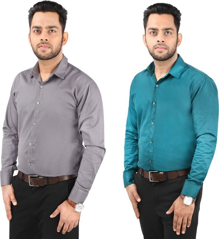 Men Solid Casual Grey, Green Shirt  (Pack of 2)