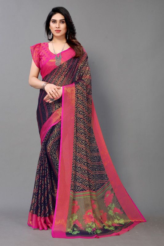 Fashion Chiffon, Brasso Saree  (Dark Blue, Pink)